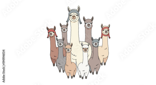Ten cartoon llamas of varying sizes and muted colors are clustered together, with several wearing hats, on a plain white background.