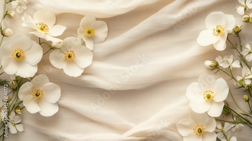 White Flowers and Fabric Create a Soft Arrangement on a Light Background Duri...