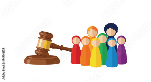 Eight colorful stylized human figures stand beside a brown wooden gavel and sound block on a clean white background.
