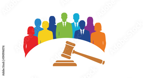 A diverse group of ten colorful silhouetted figures stands behind a white banner with a brown wooden gavel resting on its block in front.