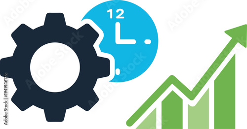 Business process optimization concept with gear clock and growth chart arrow flat vector illustration for productivity management