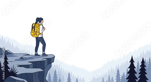 A female hiker with a bright yellow backpack stands confidently on a rugged cliff edge, gazing across a vast, misty valley filled with stylized pine trees.