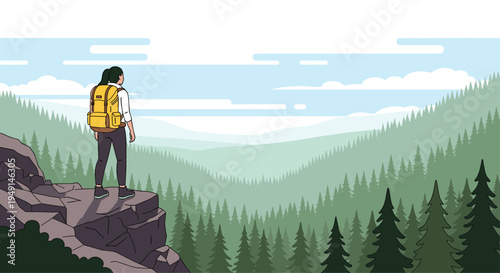 A female hiker with a prominent yellow backpack stands on a rocky cliff, looking out over a vibrant green valley densely packed with pine trees.
