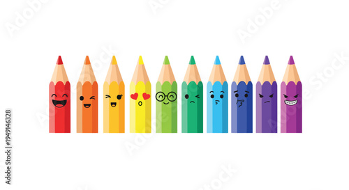 A neat horizontal row of ten colorful wooden pencils, each displaying a unique facial expression, spans the spectrum of emotions.