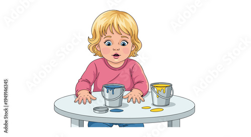 A surprised toddler with blonde curly hair and a pink shirt sits at a round white table with two paint buckets and spilled paint.