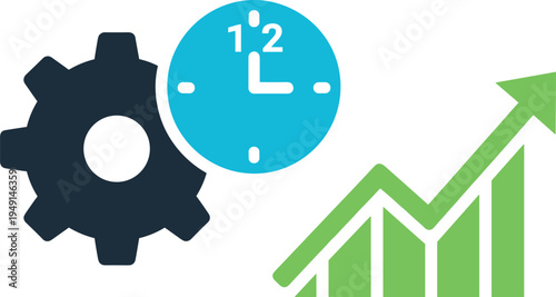 Business productivity concept with gear clock and rising chart arrow flat vector illustration for workflow efficiency growth