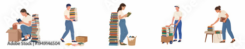 Flat vector illustration set of people reading, carrying, and organizing stacks of books, depicting education, literacy, and moving house scenes.