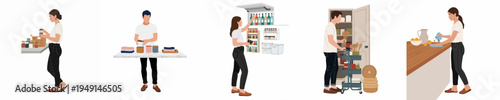 Flat illustration set showing people organizing, decluttering, and cleaning their homes for an efficient and tidy minimalist lifestyle.
