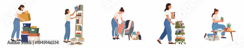 Set of flat vector illustrations depicting a young woman organizing and tidying her home, featuring storage boxes, bookshelves, plants, and blankets.