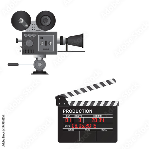intage Film Camera and Clapperboard for Movie Production