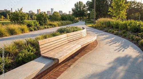 Wide-angle view of a landscaped park featuring a flowing curved pathway and integrated wooden bench seating, surrounded by plants and soft natural lighting.