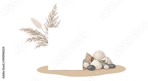 A white rectangular blank card is positioned on a patch of sand with seashells, pebbles, and pearls, accompanied by dried pampas grass on a white background.