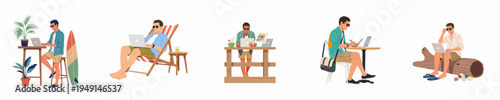 Vector illustration set of a digital nomad working on a laptop in different summer beach locations, highlighting remote work lifestyle and flexible office concepts.