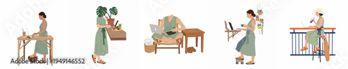 Flat vector illustrations of a digital nomad woman working remotely on her laptop in various tropical outdoor settings and home office environments.