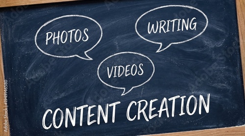 Content creation concept with marketing strategy terms handwritten on a chalkboard.