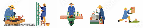 Flat vector illustrations of farmers gardening, planting seedlings, pruning tomato vines, wheeling soil, and harvesting ripe tomatoes in crates on white background.