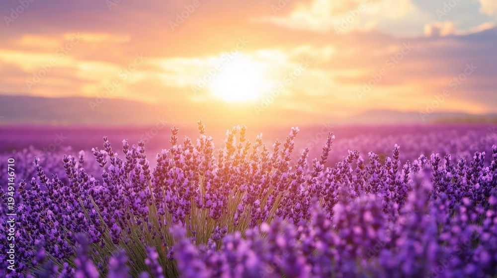 Fototapeta premium Lavender Fields Stretch Across the Landscape in the Evening Light Near a Mountain Range