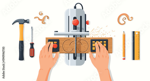 Two hands are operating a woodworking machine, precisely cutting circular patterns into a light brown wooden plank, surrounded by tools.