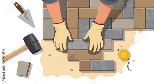 Gloved hands are meticulously arranging rectangular brown and grey paving stones in a pattern on a light sandy surface, surrounded by tools.