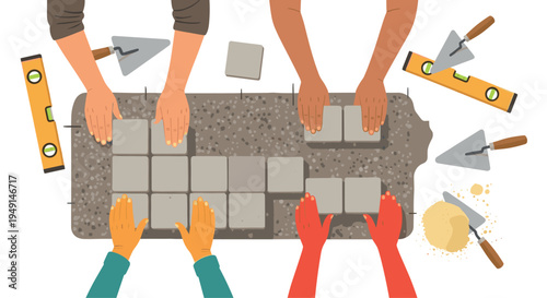 Multiple pairs of hands are actively laying grey square paving stones onto a textured grey gravel-like surface, surrounded by construction tools.