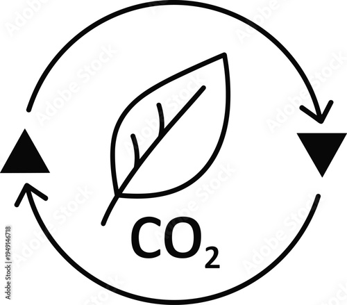Carbon dioxide cycle with leaf and circular arrows minimal outline icon representing environmental sustainability and carbon neutral concept