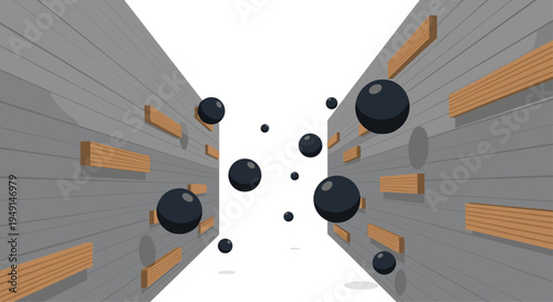 An abstract 3D rendering displays two converging walls of grey panels and horizontal wooden planks, with numerous black spheres receding into the distance.