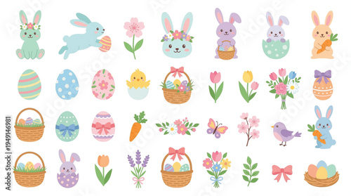 Pastel Easter Icon Set with Bunny Eggs Flowers and Basket