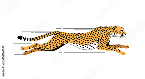 A cartoon-style cheetah with black spots and yellow-orange fur is depicted running at high speed with motion lines across a white background.