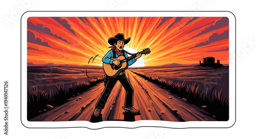 Cowboy singing and playing guitar at sunset on a country road.