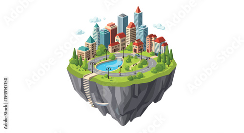 An isometric illustration shows a vibrant modern city built on a floating island of green grass and gray rock.