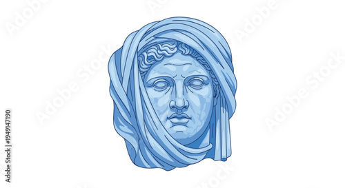 A light blue marble bust of a classical female figure is shown, with draped fabric covering its head and partially obscuring its face.