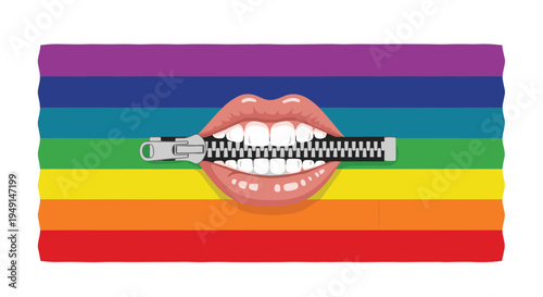 A horizontal rainbow-striped banner features light-skinned lips with white teeth, partially zipped shut by a black and silver zipper.