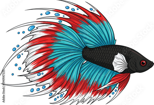 Colorful betta fish illustration with flowing fins, tropical aquarium fighting fish vibrant aquatic wildlife vector art isolated design