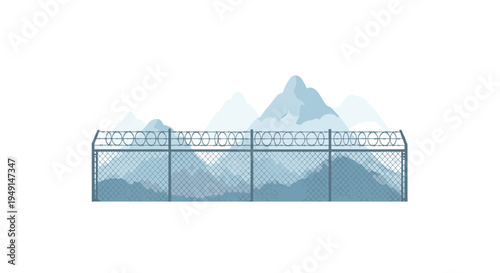 A central, rectangular chain-link fence with multiple strands of barbed wire is positioned against a backdrop of stylized, layered blue mountains.