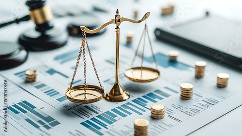 Symbol of Justice and Balance: An elegant golden scale, surrounded by stacks of gold coins, a gavel, and financial charts, representing the core principles of the legal system and financial stability.