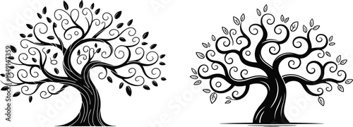 Two stylized trees with intricate branches and leaves