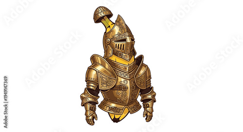 An ornate cartoon banana character is depicted standing upright, fully adorned in intricate golden medieval knight armor against a pristine white background.
