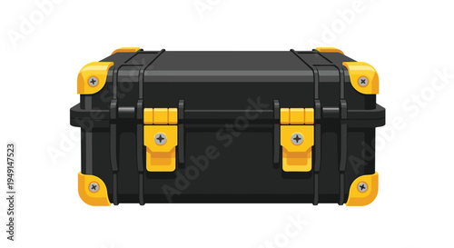 A robust black rectangular protective case, equipped with bright yellow corner reinforcements and two secure front latches, sits on a white background.