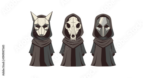 Three pixel art robed figures, each adorned with a unique stylized mask including a geometric fox and an animal skull, stand side-by-side.