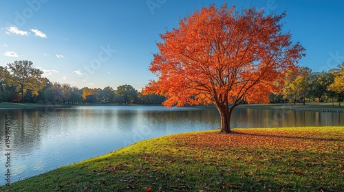 Vibrant Autumn Tree Ablaze with Orange Foliage Overlooking Serene Lake Under Clear Blue Sky