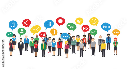 A large, diverse group of people stands with colorful speech bubbles containing words and symbols floating above their heads on a white background.