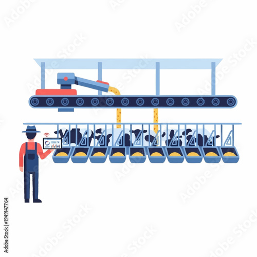 Farmer monitoring automated dairy farm with robotic milking system.