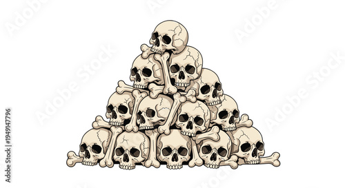 A large, ominous pyramid of human skulls and bones is meticulously stacked in the center of a clean white background.