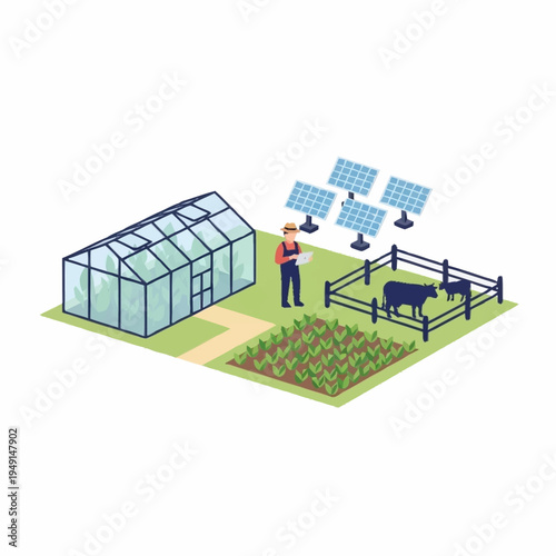 Farmer overseeing sustainable agriculture with greenhouse and solar panels.
