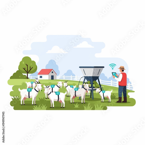 Farmer using smart technology to feed goats on a modern farm.