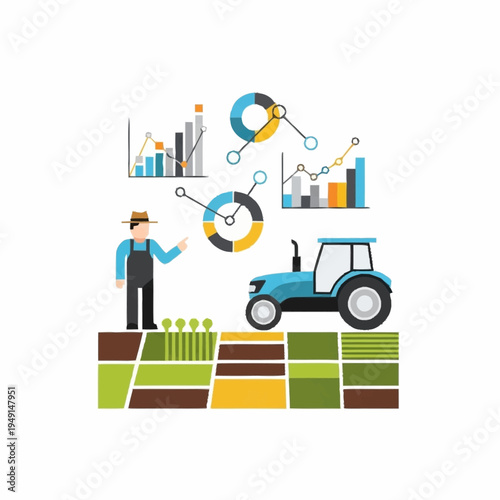 Farmer with tractor and data analytics charts on a farm.
