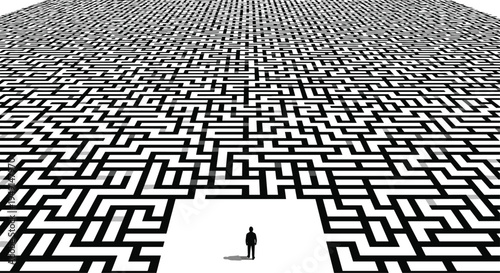 A solitary small human figure is standing at the clear entrance of an expansive and intricate black and white maze, stretching into the distance.