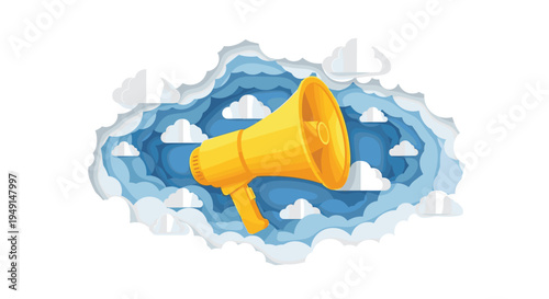 A vibrant yellow megaphone is floating prominently amidst a beautifully stylized paper-cut cloudscape, featuring multiple layers of blue and white.