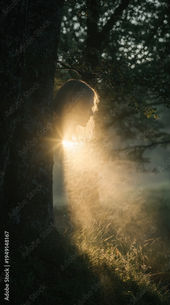 Obraz premium Sunlight Streaming Through Forest Canopy, Creating Atmospheric Glow and Shadows.