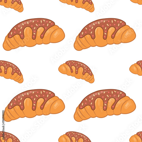 Sweet pastry seamless pattern with glazed croissant and chocolate bun